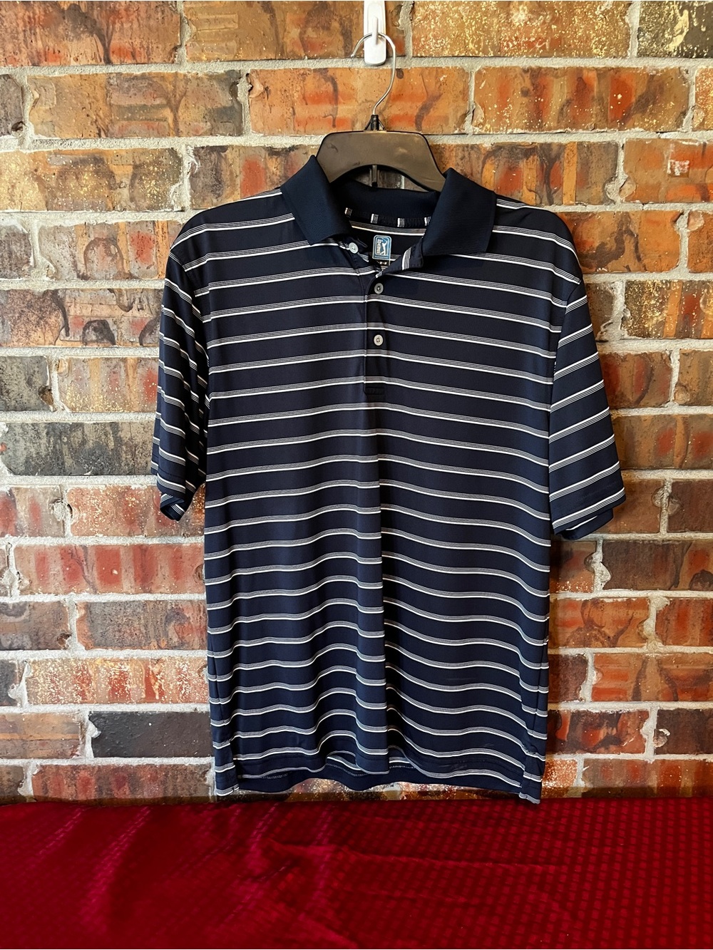 Mens PGA Tour Performance Golf Polo Shirt Size:M Blue Stripe Short Sleeves